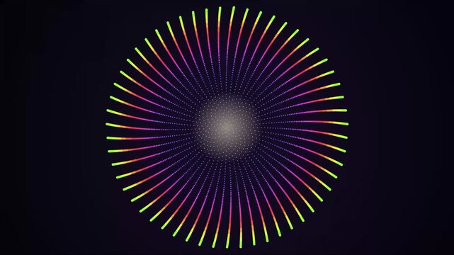 Phyllotaxis Fibonacci spiral of glowing dots in the golden angle, teal to violet to orange gradient flower pattern blooming on a dark background, seamless loop