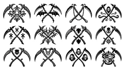 Fototapeta premium Gothic Scythe Emblems with Skulls and Ornate Designs
