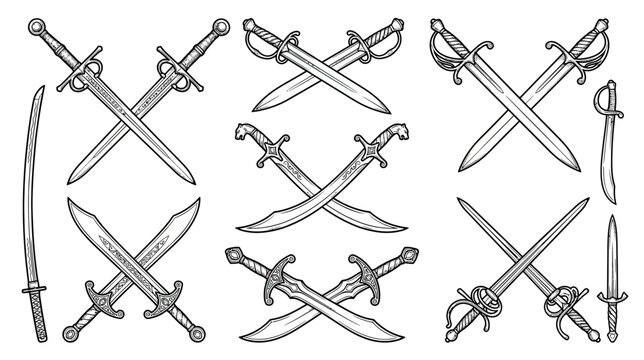 Collection of Vintage Swords and Daggers on Transparent Background
