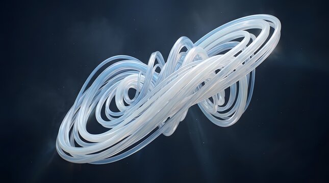 Abstract 3d render of a complex, swirling glasslike structure against a dark, starry background