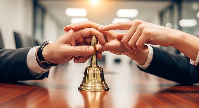 Business partners pointing at brass desk bell during meeting inside office