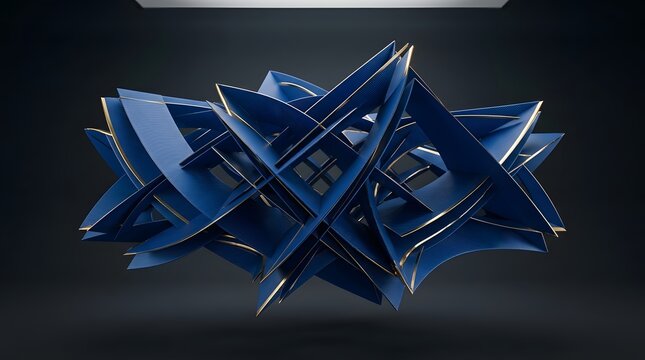 Complex abstract geometric structure with blue textured surfaces and gold edges