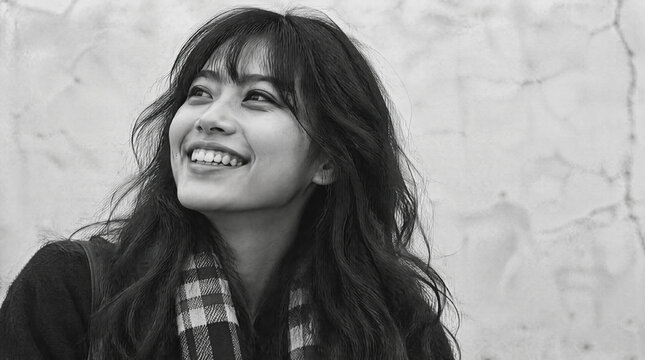 笑顔で上を見上げる美しい女性のモノクロ写真