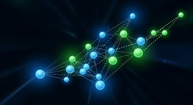 Glowing blue and green interconnected nodes forming a complex digital network