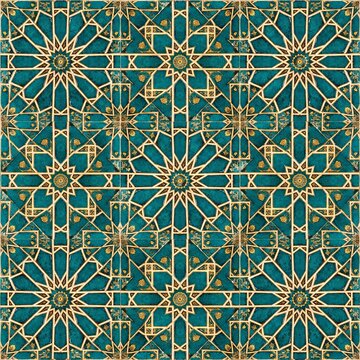Islamic geometric pattern with teal and gold tiles, traditional Moroccan zellige mosaic design, intricate arabesque ceramic tile texture isolated on Transparent Background