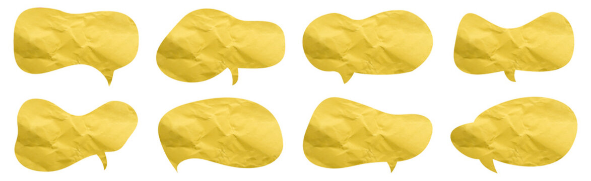 Set of eight yellow paper speech bubbles in two rows