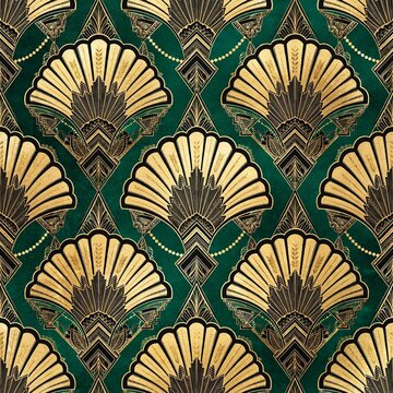 Art Deco seamless pattern with gold fan motifs, emerald green vintage wallpaper, elegant 1920s geometric textile design isolated on Transparent Background