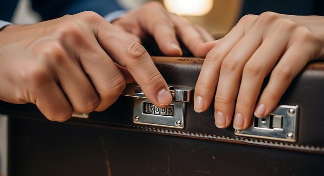 Business person opening leather briefcase with secure combination lock mechanism