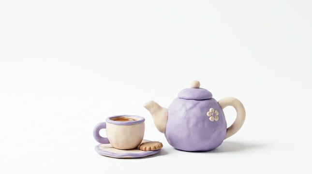 Purple and beige clay tea set with cookie