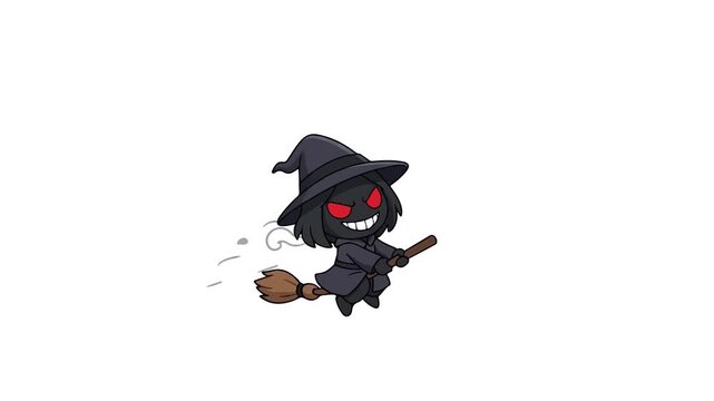 Cute cartoon animation of a mischievous little witch flying on a broomstick with red glowing eyes