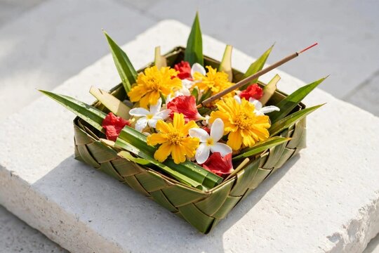 Traditional Balinese Canang Sari offering with marigold and frangipani flowers in palm leaf tray