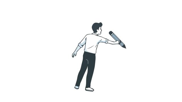 Businessman Drawing with Big Pencil Line Art Illustration on White Background