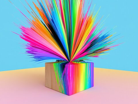 Brightly colored strands explode from a cubed object on a pastel surface.