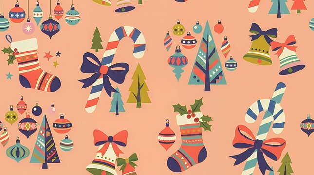 ピーチカラー背景にキャンディケインとクリスマス靴下やカラフルなオーナメントを描いたレトロなクリスマスパターン