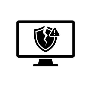 Computer screen warning shield broken by lightning alert icon
