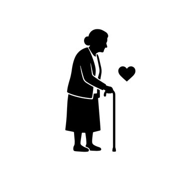 Silhouette of an elderly woman walking with a cane and a heart symbol