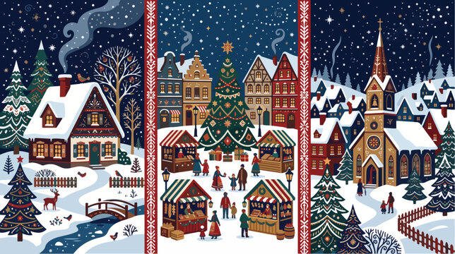Christmas village vector illustration featuring snowy houses, festive markets, decorated trees, and winter scenery