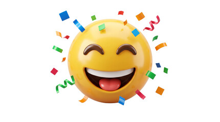3D render of a happy yellow emoji face smiling with wide-open mouth sticking out its tongue, surrounded by colorful confetti pieces and streamers isolated on a clean white background © Mstrubenaakter55