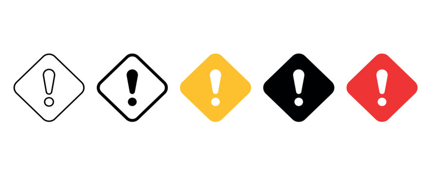 Warning triangle danger icon set, precaution mark in red black yellow colors