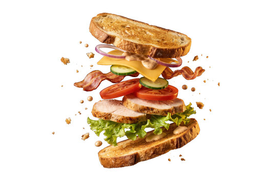 Flying chicken club sandwich isolated on transparent background
