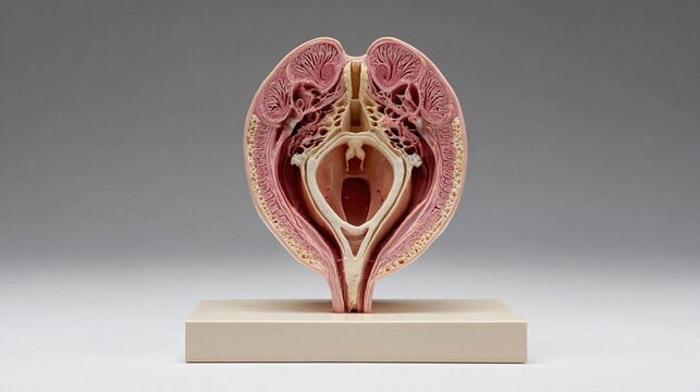 Anatomical model of uterus cross-section showing endometrium, female reproductive system and education concept
