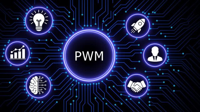 Pwm pulse width modulation technology concept featuring digital circuit board background, with glowing for, innovation, data analysis, artificial intelligence, business, growth