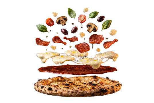 Flying pizza ingredients flying out isolated on transparent background