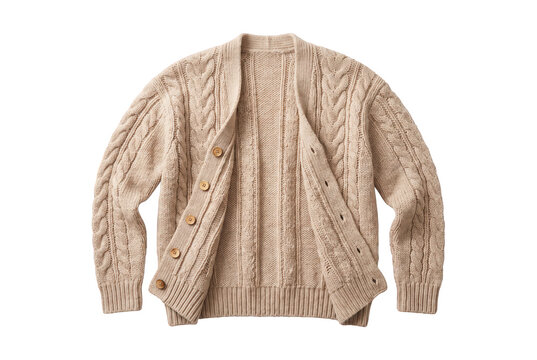 Beige knit cardigan sweater isolated on transparent background