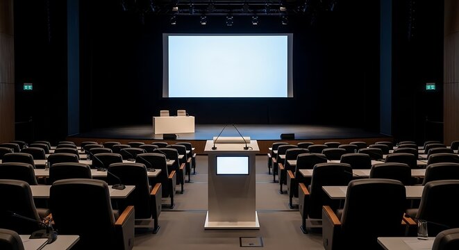 Empty modern conference auditorium featuring stage, projector screen, and seats
