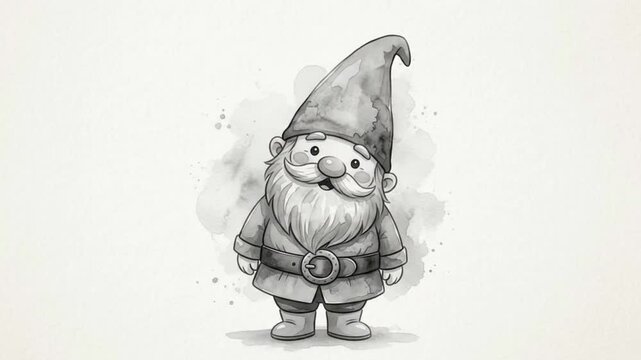 Black and white watercolor animation of a cute blinking gnome