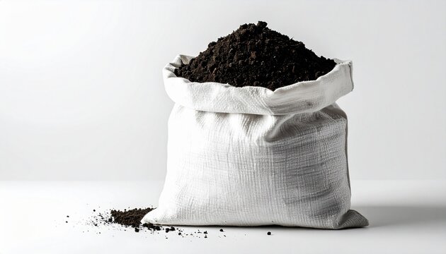 White sack of dark garden soil with spilled earth on a clean white background