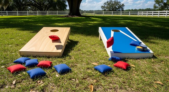 Wooden cornhole boards and colorful beanbags set up on grass