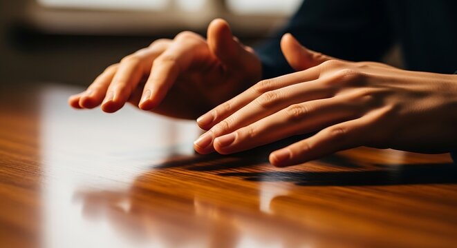 Human hands tapping rhythmically on a polished wooden office table