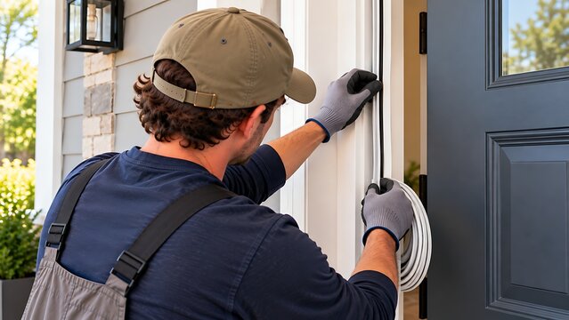 Professional handyman installing new black rubber weatherstripping seal on a modern house front door entryway for energy efficiency and draft protection during home renovation project.