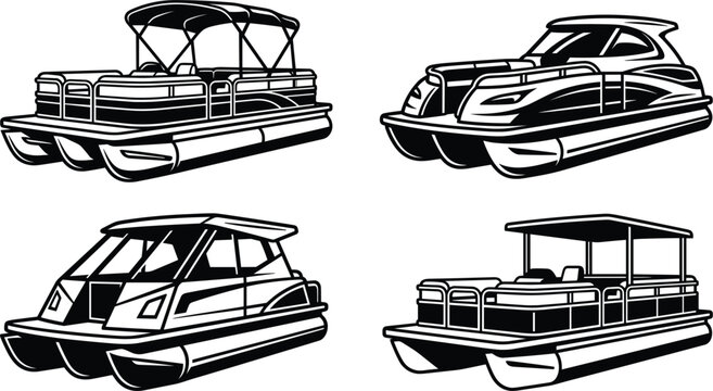 Pontoon boat collection for summer lake recreation luxury water transport and family vacation vector illustration