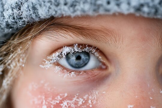 Close up of child blue eye with eyelashes covered in white frost and snow