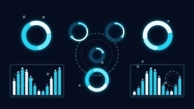 Glowing line-art donut and bar charts with animated counters on deep navy