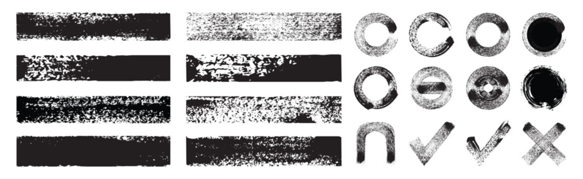 Grunge Paint Roller Brush Strokes Vector. Black Paint ink brush, brush strokes, smears. Paint roller line. frames, buttons, Ink roller textures set, rough grunge linocut stamp style thick paint marks
