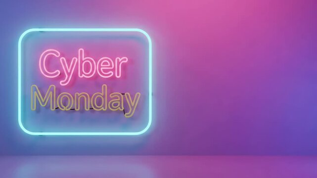 Cyber Monday Neon Sign glowing in pastel studio room with copy space, minimalist retail sale promo motion graphic background loop
