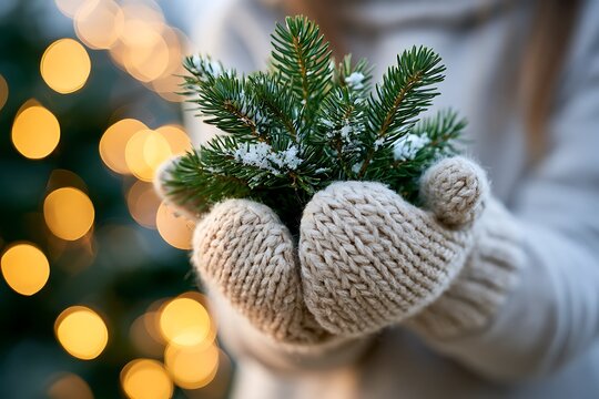 Hands in knitted mittens holding green pine branches on bokeh lights background