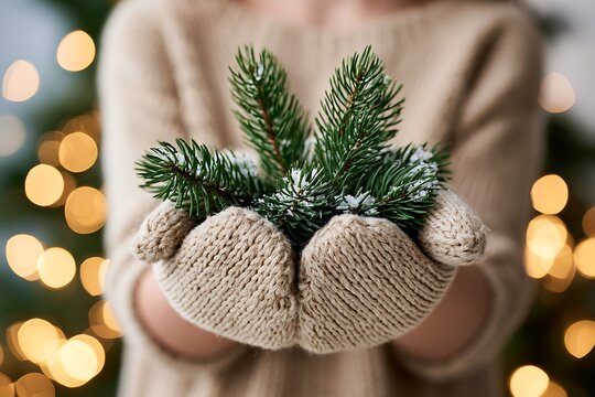 Hands in knitted mittens holding green pine branches on bokeh lights background