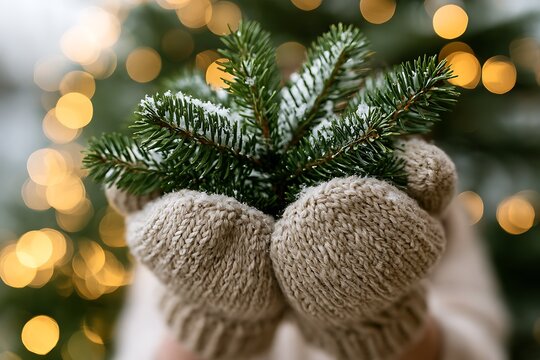Hands in knitted mittens holding green pine branches on bokeh lights background