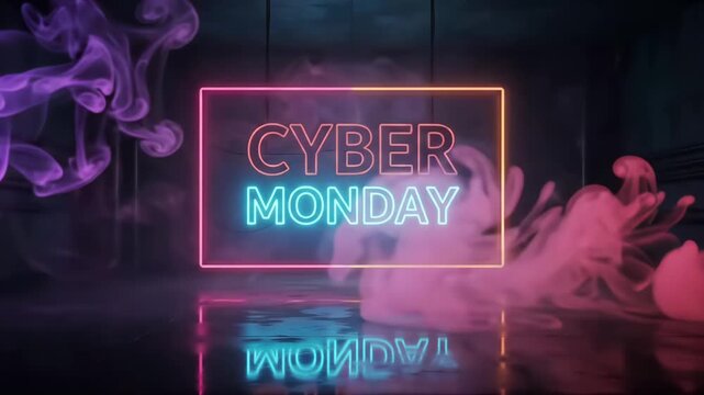 Cyber Monday Neon Sign glowing in dark warehouse with colorful swirling smoke and reflective floor, cinematic retail promo motion graphic loop
