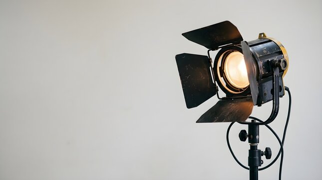 Professional photography studio spotlight on a stand casting bright warm light in front of a white wall