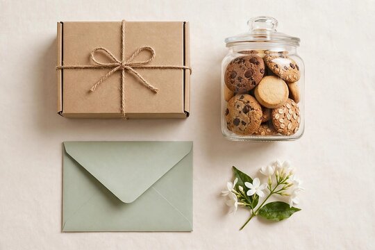 Modern Eid gift parcel flat lay with kraft box glass cookie jar plain envelope and jasmine flowers minimalist composition