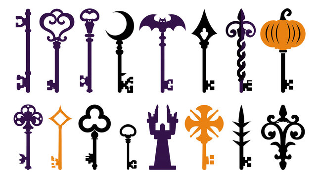Halloween skeleton keys vector icons set isolated on transparent background