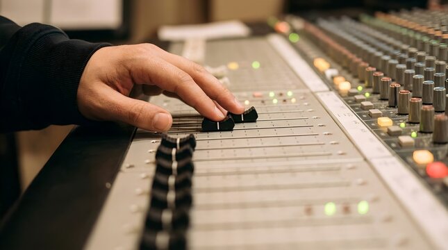 Close up of a sound engineer hand adjusting faders on a professional audio mixing console in a music recording studio