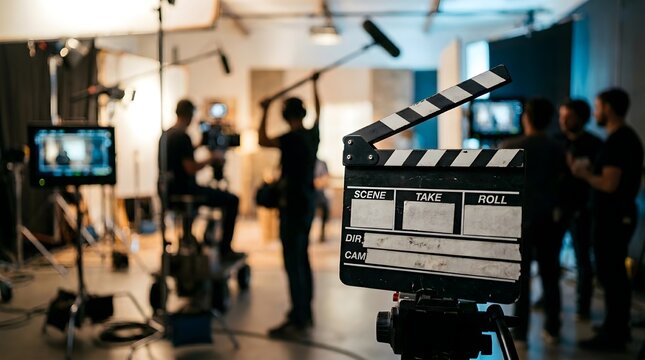 Behind the scenes on a movie set with film crew and equipment during a video production shoot