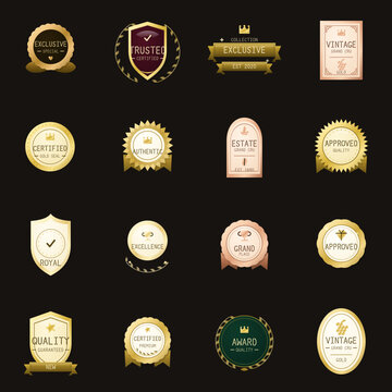 Luxury gold badges and vintage seals vector set, elegant premium labels and award emblems for branding, certificate, and commercial design