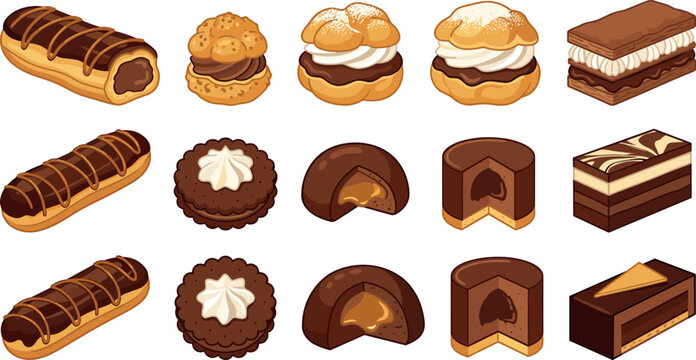 Delicious Chocolate Pastry Icon Set Featuring Filled Eclairs Cream Puffs Millefeuille Layers and Caramel Truffles for Patisserie Bakery Menus Food Branding and Sweet Graphic Designs